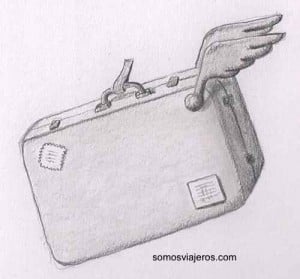 Dibujo a lápiz de maleta voladora