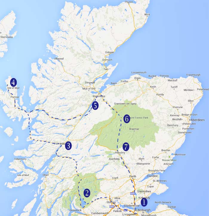mapa de un recorrido por Escocia